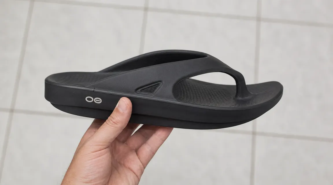 Close-up of OOFOS OOriginal sandal foam sole showing thick arch support contour