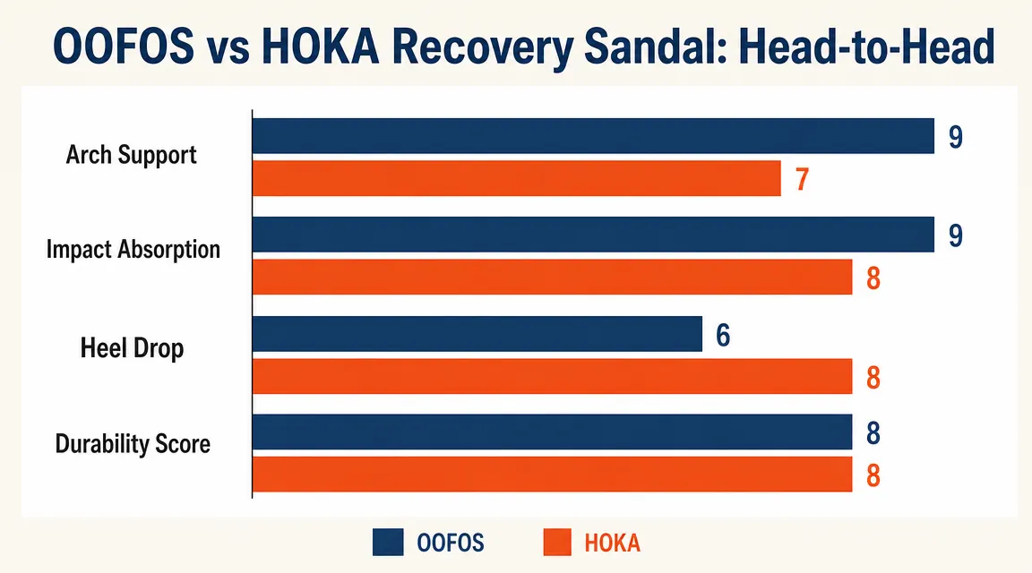 Bar chart comparing OOFOS vs HOKA on four recovery metrics: arch support, impact absorption, heel drop, and durability score