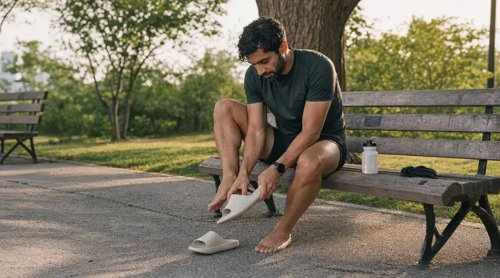 Runner sitting on a park bench sliding on a recovery sandal after a long run