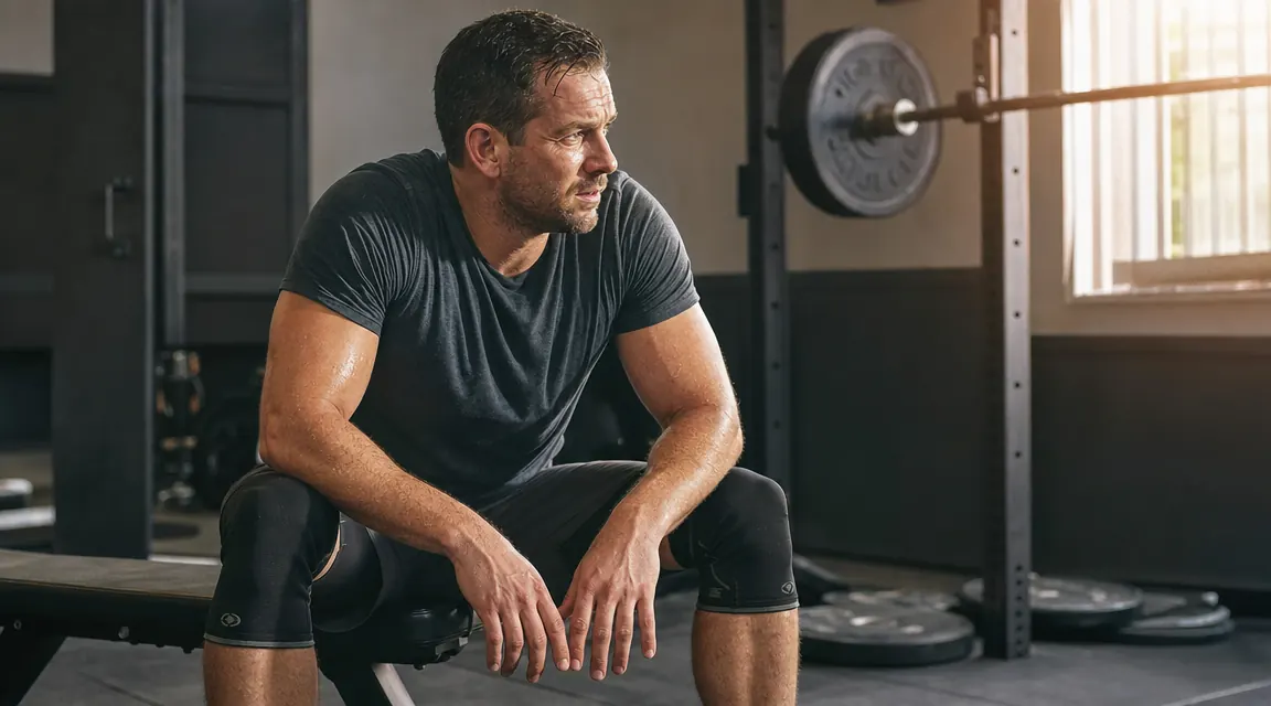 Person sitting on a gym bench after a workout, looking tired but calm, natural light through windows