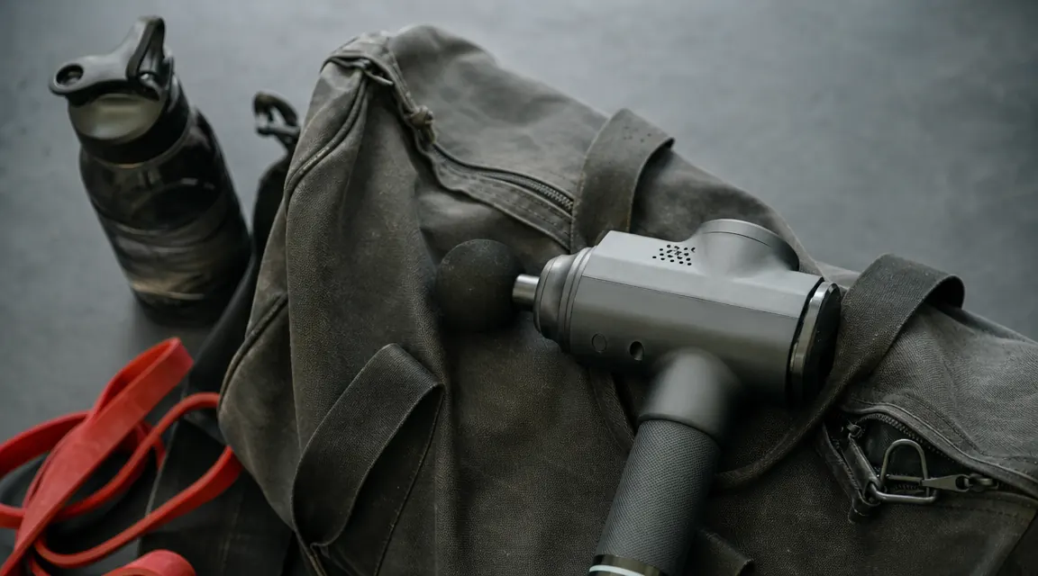 TOLOCO massage gun resting on a gym bag next to a water bottle and resistance bands