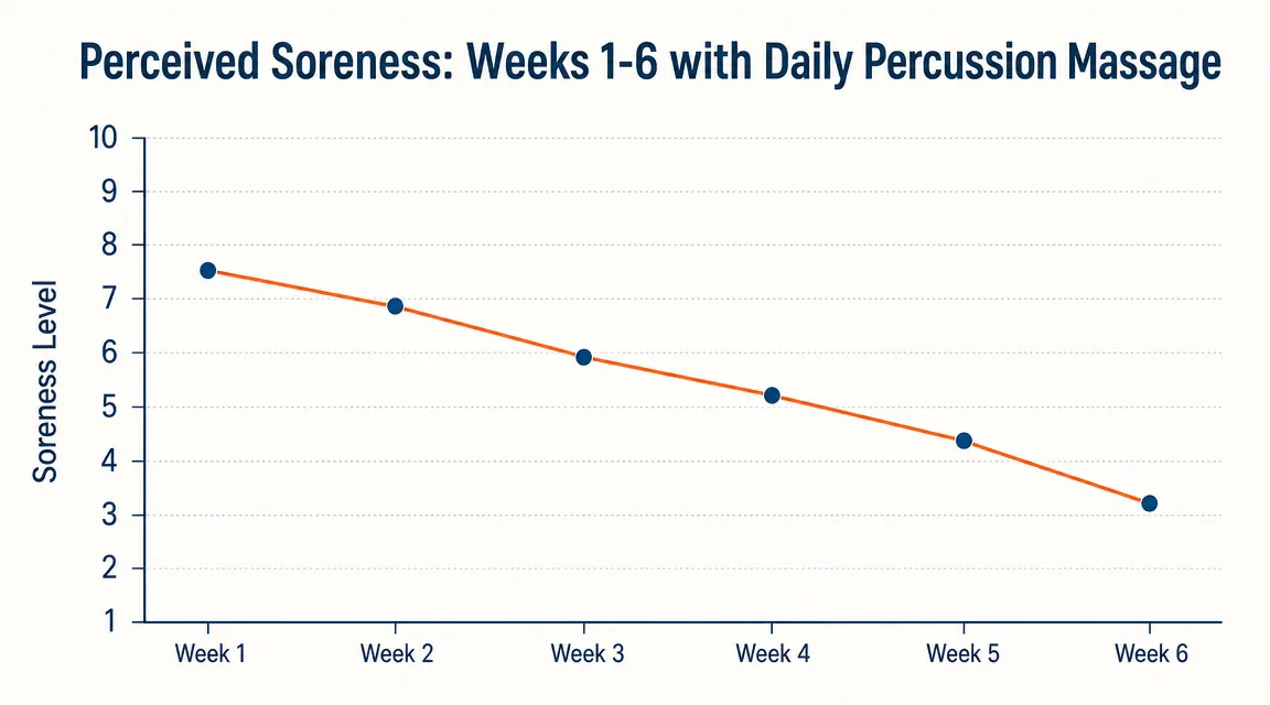 Chart showing perceived soreness levels declining over 6 weeks of daily percussion massage use