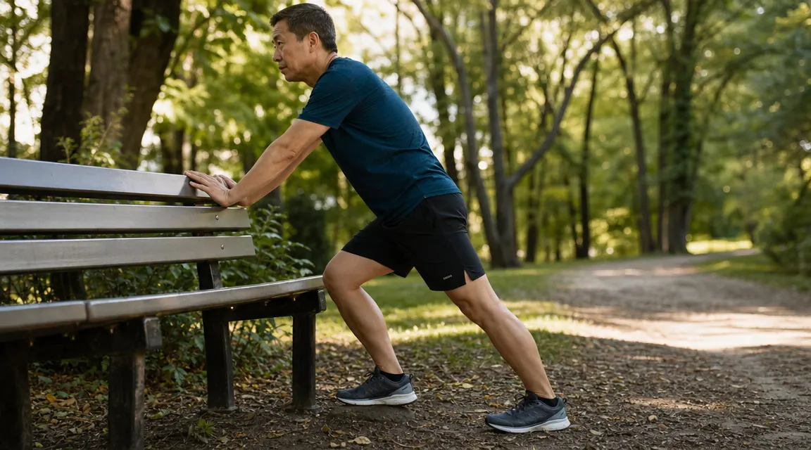 Person stretching their calf and lower leg after a run outdoors on a park trail