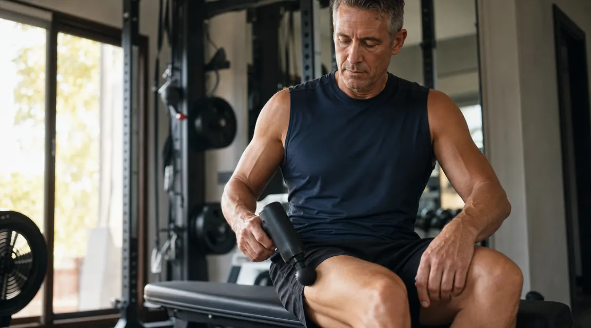 Person using a percussion massage gun on their quad muscle after a workout in a home gym