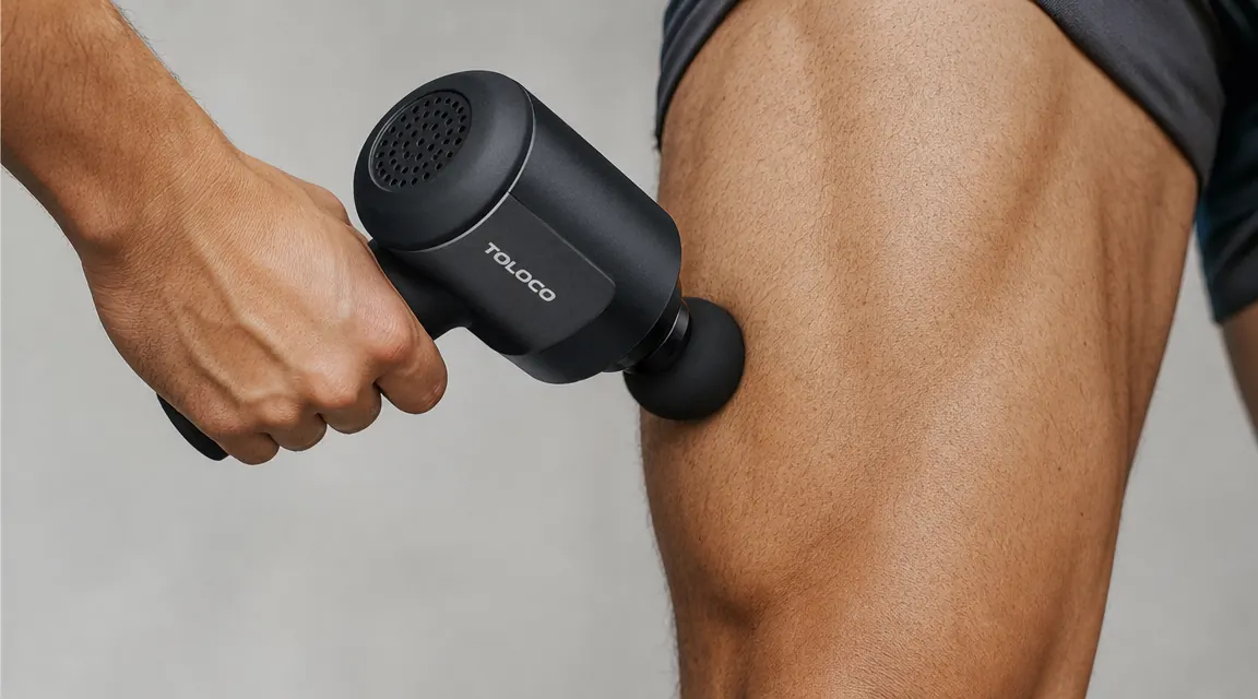 Hand pressing a massage gun attachment into the quadriceps muscle, demonstrating in-use technique