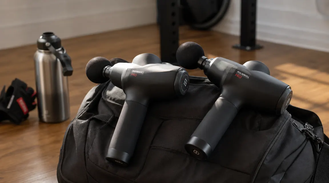 Two massage guns side by side on a gym bag, one compact and one premium, with workout gloves and a water bottle nearby
