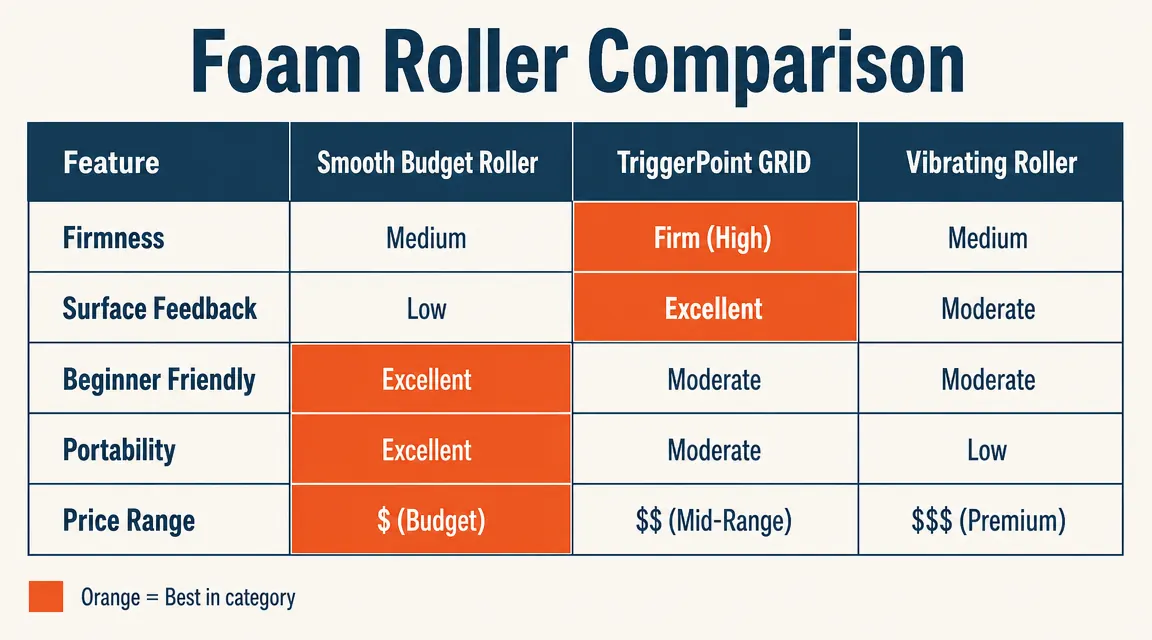 Side-by-side comparison chart of foam roller types rated on firmness, surface texture, and price