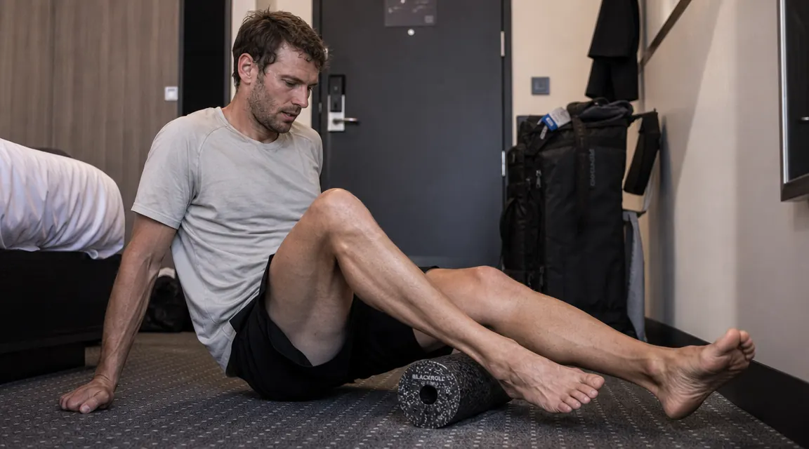 Person working through calf tightness with a foam roller in a narrow hotel room floor space