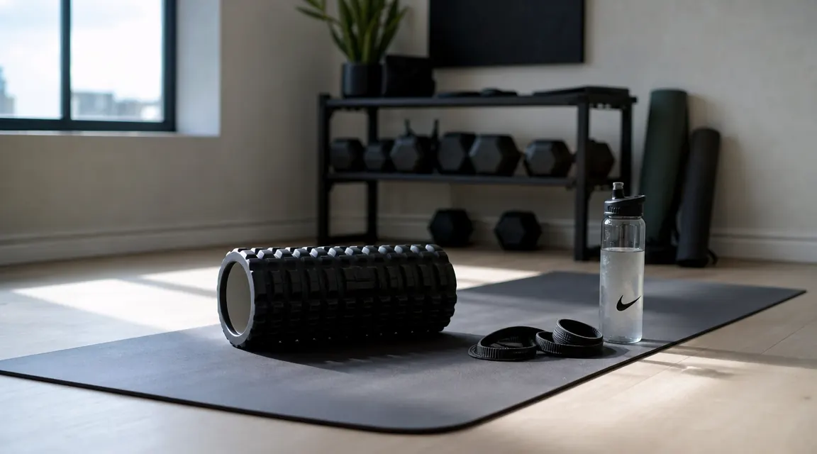 Foam roller sitting on a yoga mat next to a water bottle and resistance band in a home gym setting