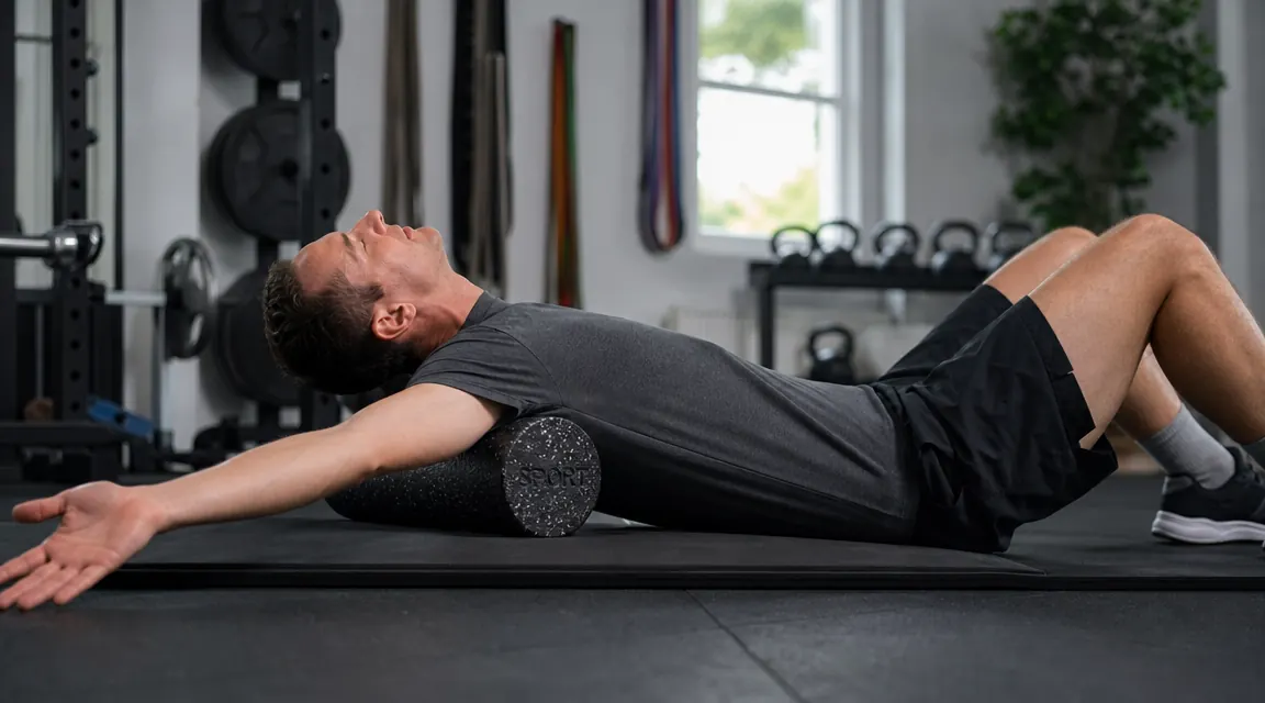 Person using a foam roller on their upper back and thoracic spine while lying on a yoga mat