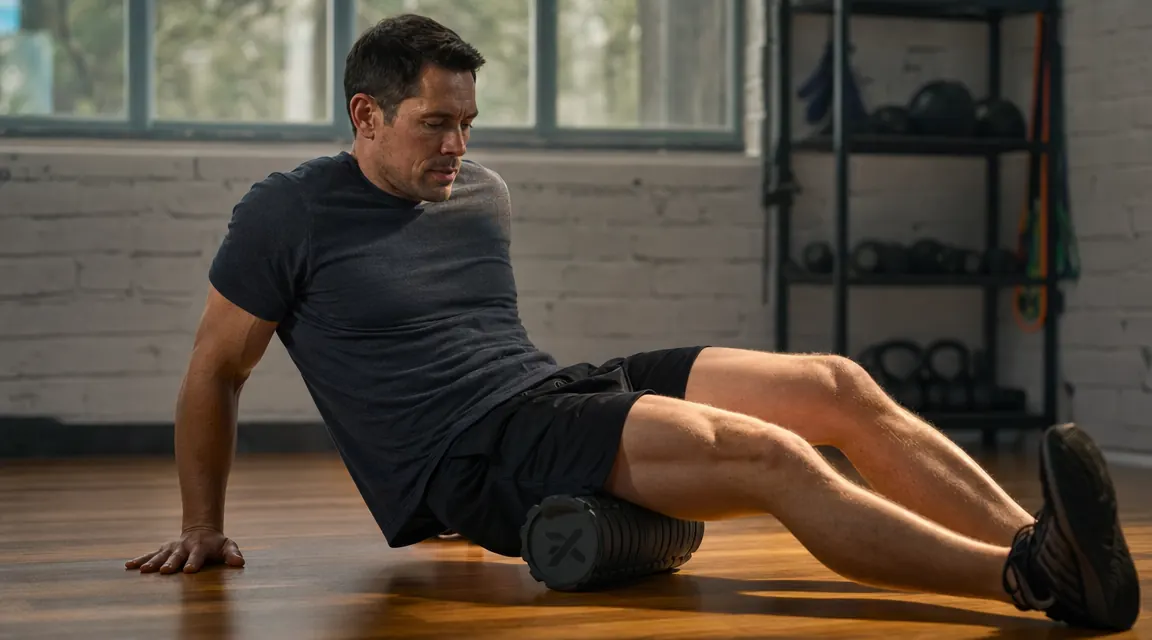 Person foam rolling their quads on a hardwood gym floor, morning light coming through large windows