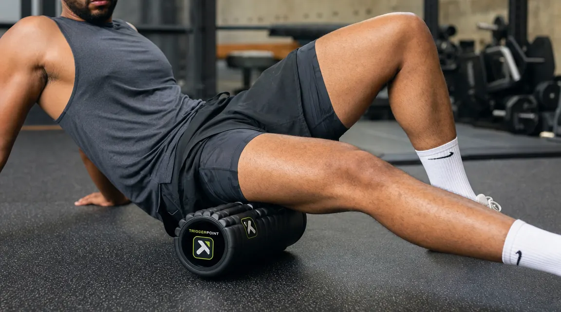 Person rolling their IT band on a TriggerPoint GRID foam roller, gym setting, visible concentration