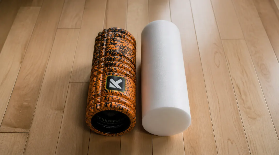 TriggerPoint GRID foam roller and a plain white EVA foam roller side by side on a hardwood gym floor